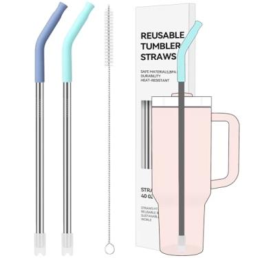 Imagem de Soledea Canudos de metal de 1,134 g para Stanley Copo de 1,134 g e jarros de 1,8 g, 2 peças de aço inoxidável extralongo com pontas de silicone removíveis, serve para copos grandes e canecas grandes