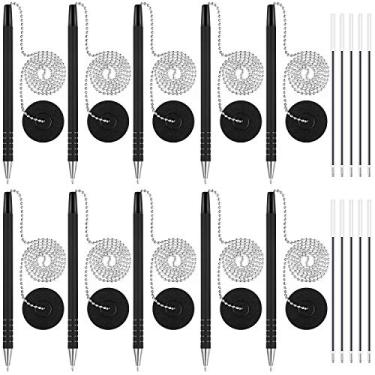 Imagem de Conjunto de caneta de segurança com corrente de contas e suporte de caneta, 10 peças de canetas de mesa com correntes, 10 peças de refil de tinta em branco para suprimentos de banco de escritório (preto)