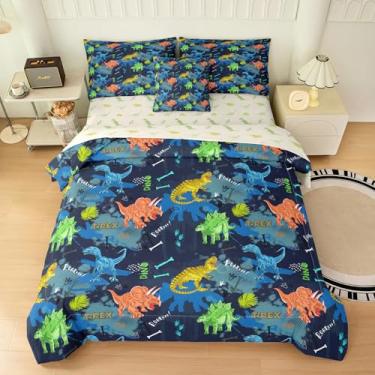 Imagem de Yadangxiawa Jogo de cama solteiro de dinossauro, 6 peças, para adolescentes, com 1 colcha + 1 lençol de cima + 1 lençol com elástico + 2 fronhas + 1 capa de almofada (A-dinossauro solteiro)