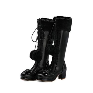 Imagem de Bigfanshu Botas femininas altas de inverno com gola de pele quente para meninas, cosplay, festa, princesa, bota, cadarço, gravata borboleta, salto grosso, zíper lateral, couro PU, Chelsea Slip-On & Pull-On Mid-Calf Athletic, Preto, 4