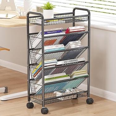 Imagem de Carrinho De Livro Com Rodas, Estante Móvel Com Rodas, Carrinho Organizador De Armazenamento De Mesa Compacto, Estante De Metal Stding No Chão/prateleira De Exibição De Can, White, 5 Tier