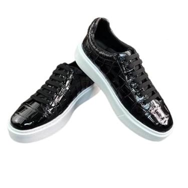 Imagem de Sapato masculino autêntico de couro de crocodilo preto e branco combina com tudo em couro de jacaré genuíno com cadarço, Preto, 37