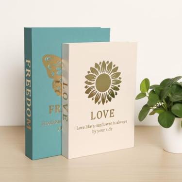 Imagem de VEKALON Decoração decorativa de livros falsos – Conjunto de 2 caixas de armazenamento de livros falsos de linho borboleta dourada e girassol para mesa de café, estante e decoração de casa (Tiffany