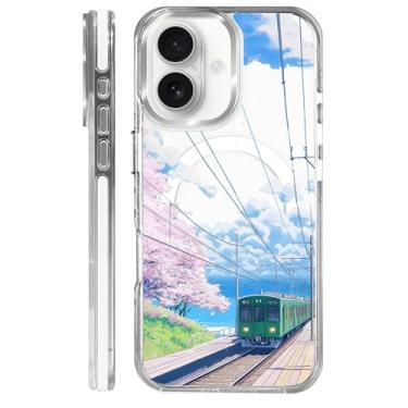 Imagem de MQJCYB Capa magnética para iPhone 16 com design em base transparente, compatível com MagSafe, capa protetora fina de TPU macio para celular feminina e meninas para iPhone 16 - Kawaii anime trem