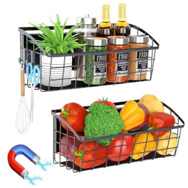 Imagem de Prateleira magnética de 2 peças para geladeira, com 2 ganchos móveis, prateleira magnética de geladeira, prateleiras de armazenamento de cebola, batata fruta, organizador de especiarias magnético