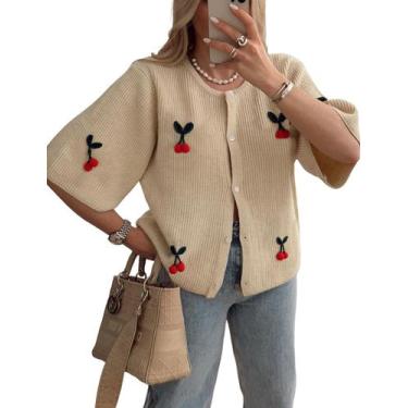 Imagem de Suéter de cardigã TIQOJE Cherry Design para mulheres bege tamanho L