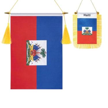Imagem de Pacote com 2 bandeiras de parede do Haiti, mini bandeira haitiana pendurada na janela do carro, acabamento acetinado, tecido resistente, bandeiras patrióticas para decoração de espelho retrovisor de