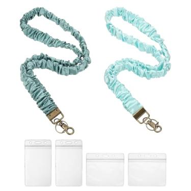 Imagem de PATIKIL Cordão Scrunchie, pacote com 2 cordões elásticos para professores, porta-crachá de identificação com clipes, 4 porta-cartões para mulheres, porta-chaves, verde, azul claro