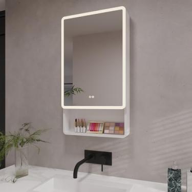 Imagem de basenji Armário de remédios iluminado de 48 cm x 89 cm, espelho de banheiro com interruptor antiembaçamento para tela sensível ao toque, armário de alumínio com brilho ajustável para banheiro