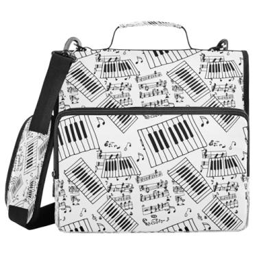 Imagem de Qilmy Fichários com zíper com alça de ombro, fichário de 3 anéis de 3 cm, capacidade de 500 folhas, pasta organizadora e pasta de arquivo expansível - teclas de piano preto e branco 284