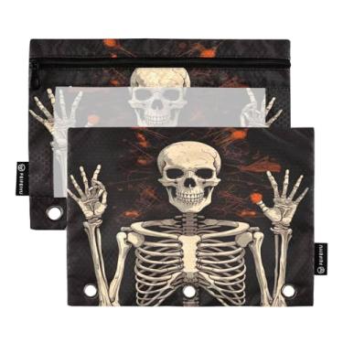 Imagem de Wassud Bolsa de lápis para fichário de 3 anéis, bolsa de lápis transparente, caveira de Halloween, bolsa de zíper lisa, estojo de lápis padrão, pacote com 2