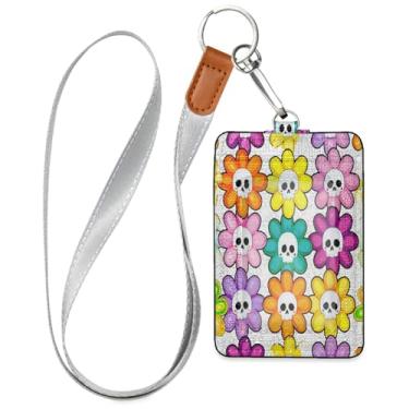 Imagem de Wassud Porta-crachá de couro PU de flores coloridas com cordão, porta-cartão de identificação para trabalho, cordão de pescoço com compartimentos para cartões de crédito, funcionários, estudantes