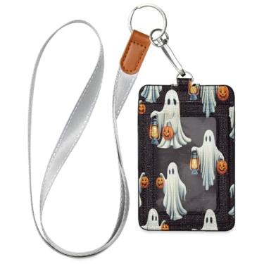 Imagem de Wassud Lindo porta-crachá de couro PU de Halloween com cordão, porta-cartão de identificação para trabalho, cordão de pescoço com compartimentos para cartões de crédito, funcionários, estudantes, 39,9