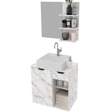 Imagem de Kit Gabinete E Espelheira De Banheiro 60 Cm Cuba Romana Mármore Branco