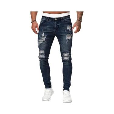 Imagem de Calças Jeans Skinny Rasgadas Com Lavagem Vintage Para Homens, Casual, 