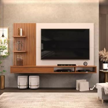 Imagem de Painel para TV até 60 Polegadas, Ripado com Nichos, Freijó com Off White, 190x107,8x29,3 cm, Base para TV 40kg