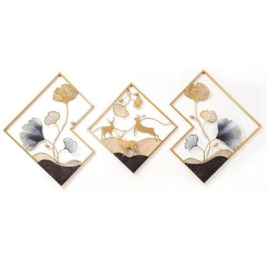 Imagem de 3 peças de decoração de parede de arte de parede de veado para sala de estar, decoração de parede de metal dourado, folha de ginkgo 3D, arte de parede estética para quarto, escritório, sala de jantar