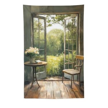Imagem de Tapeçaria com vista de jardim brilhante portas francesas abertas flores de mesa de jardim verde estilo pintura a óleo decoração rústica de casa para quarto sala de estar ambiente fresco tapeçaria 152