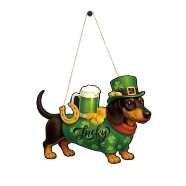 Imagem de Cabide de porta de Dachshund do Dia de São Patrício, placa de madeira Lucky Weiner para porta da frente, ornamento sazonal para pendurar dachshund, acessórios de placa decorativa, presentes para