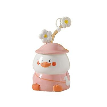 Imagem de Conjunto de canecas de café fofas de cerâmica portátil com canudo e colher xícara de chá criativa para café cacau 400 ml/382.7 g reutilizável casa bonita