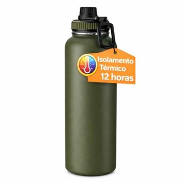 Imagem de Garrafa Térmica de Água 1 Litro Inox, Isolamento a Vácuo, Alça e Tampa Antivazamento (Verde Militar)
