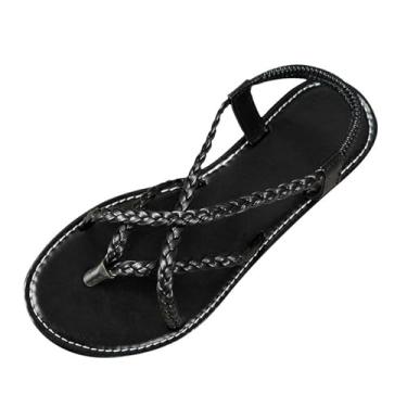 Imagem de Sandálias rasteiras femininas casuais romanas com peep toe e alças ajustáveis, para primavera e verão, Preto, 35