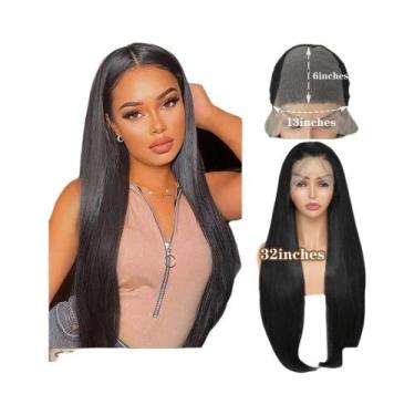 Imagem de Peruca Sintética Longa E Lisa Preta Com Frente De Renda 13X6 Para Mulh