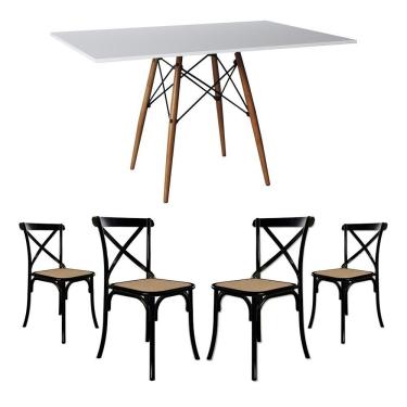 Imagem de Conjunto De Mesa Eiffel Retangular Tampo De Madeira 120X75Cm Branco Com 4 Cadeiras Katrina Preto