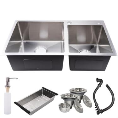 Imagem de Cuba Dupla Gourmet Pia Bancada Cozinha Quadrada Inox 304 Escovado 78x43 SOFTINOX — Kit Cuba Dupla Embutir ou Sobrepor Pia Cozinha Gourmet com Dispenser Detergente, Cesto Escorredor e Válvula Ralo