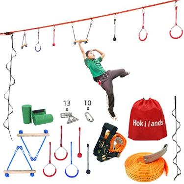 Imagem de 50 FT Jungle Gym Slackline Ninja Warrior Training Equipment for Kids Adult, Adjust Hanging Obstacles Course Kit - Climb Rope Ladder, Wood Bar, Ninja Rings, Fists, Backyard Playground Swing Monkey Bars