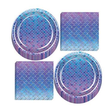 Imagem de (Pratos de Jantar (Roxo e Azul)) - Suprimentos para Festa da Sereia - Roxo e Azul Ombre Metalico Balanca Sereia Pratos e Guardanapos de Papel (Porcoes 16)