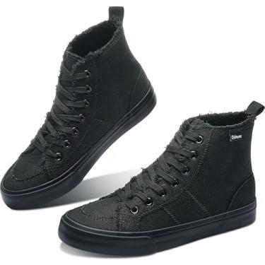 Imagem de Obtaom Sapatos femininos e masculinos de lona de cano alto, tênis fashion de cano médio casual com cadarço, cano alto, sapatos de lona lavados, Preto/preto, 9 Women/7.5 Men