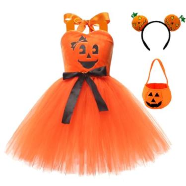 Imagem de ABEHIK Vestido tutu de tule em camadas para meninas, 3 peças, faixa de cabeça e bolsa, para festa de princesa, cosplay, roupas, Laranja, 8-9 Anos