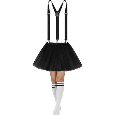 Imagem de Sintege 3 peças de fantasia de tutu feminina, saia tutu de tule de 5 camadas nas costas e alças elásticas ajustáveis nas costas meias listradas, Preto, tamanho �nico