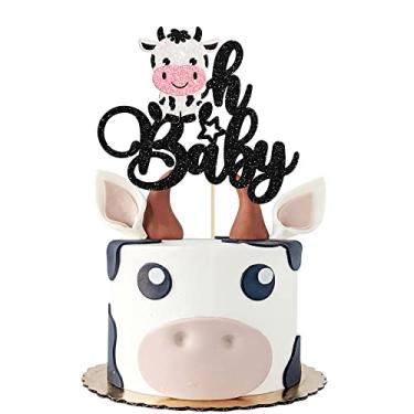 Imagem de Gyufise 1 pç Topo de bolo de vaca Oh Baby Cake Topper Glitter Farm Animals Oh Baby Cow Cake Pick para revelação de gênero chá de bebê crianças meninos meninas decorações de bolo de festa de aniversário