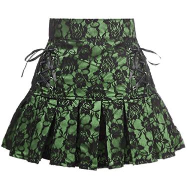 Imagem de Daisy corsets Saia feminina de cetim verde com renda preta sobreposta com cadarço, Verde/preto, GG
