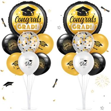 Imagem de Kasyat 2 conjuntos de mesa de formatura 2025 dourado e preto balão de centro de mesa de formatura balão de festa de formatura balão de parabéns para decoração de festa de formatura