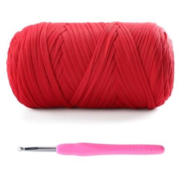Imagem de Fio de camiseta para crochê - 400 g/130 m para sacos de crochê/cestas/decoração de casa - fio de camiseta de tecido elástico macio com 1 gancho de crochê (1, vermelho)