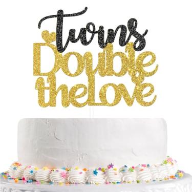 Imagem de Twins Double The Love Cake Topper, Gold Black Glitter, Twins Baby Shower Cake Decorations, Twins Babies Birthday Party Decoration Supplies