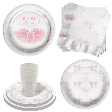 Imagem de We're Tutu Excited Pink Bows Baby Shower Party Supplies - 64 Piece Ballerina Baby Shower Tableware Set Includes Large 9" Dinner Plates and 8" Dessert Paper Plates Napkins Cups - Kit for 16