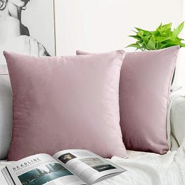 Imagem de JUEYINGBAILI Capas de almofadas decorativas de veludo 2 pacotes de fronhas ultramacias 45,5 x 45,7 cm para sofá, quarto, carro, cor rosa