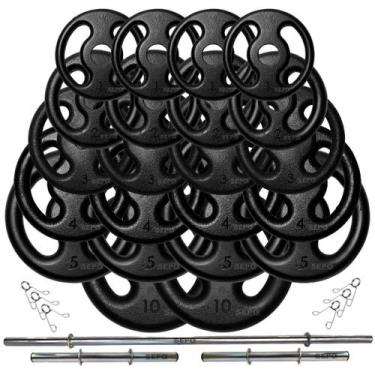 Imagem de Kit Anilhas Ferro Fundido 80 Kg + Barras Com Presilhas - SEPO