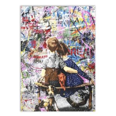 Imagem de Placa Decorativa Grafite Casal De Crianças Balanço Arte De Rua Banksy Decoração Poster Quarto Sala