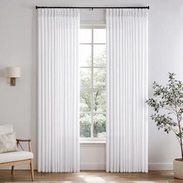 Imagem de Cortinas brancas de linho plissadas, cortinas extralongas de 272 cm de comprimento, cortina plissada com ganchos para sala de estar, quarto, porta de pátio, cortinas plissadas texturizadas de linho
