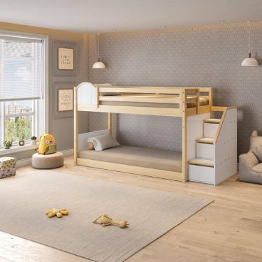 Imagem de Beliche Infantil Montessoriana com Escada Lateral com Led New Garden Casatema Natural/Branco