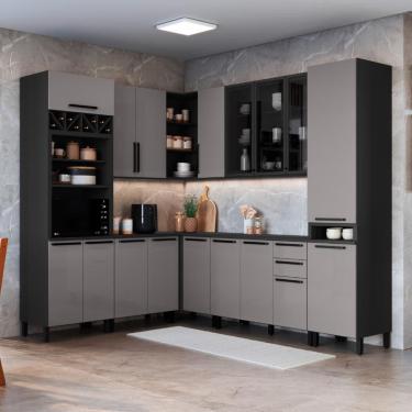 Imagem de Cozinha Modulada Completa Fidelitá Mônaco 8 Peças 449cm 17 Portas 2 Gavetas Com Tampo Cinza/Titânio