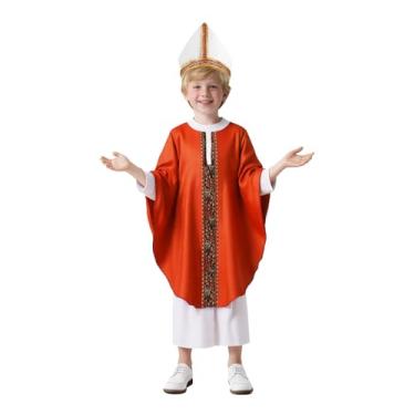 Imagem de MCJC Fantasia infantil de padre católico, poncho papal vermelho de Halloween com destaque xadrez, roupão branco, roupa bíblica religiosa