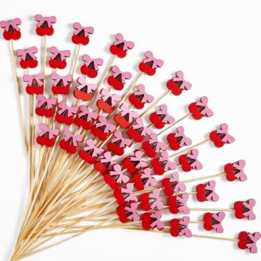 Imagem de 200 peças de palito de coquetel de laço de cereja 12 cm palito de bambu swizzle rosa palitos de comida de cereja espetos de frutas palitos de aperitivo para aniversário, casamento, casamento, férias