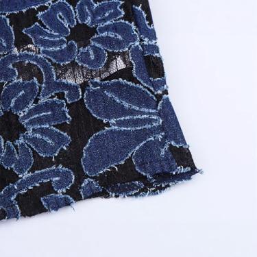 Imagem de Tecido de sobreposição de renda jeans floral, azul marinho e preto, design de borda desgastada 2D denim floral como bom tecido bordado personalizado elegante vintage vestido de renda oco (cortado por