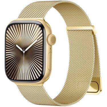 Imagem de Pulseira magnética dourada compatível com Apple Watch séries 10, 9, 8, 7, 6, 5, 4, 3, 2 e 1 e SE, 46 mm, 44 mm, 45 mm, 49 mm, 40 mm, 38 mm e 41 mm, 46 mm, 46 mm, 4, 2 e 1 e SE, 46 mm, 46 mm, 44 mm, 44